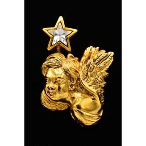 Barrera Vintage Angel Pin Brooch Cherub Gold Star Crystal Heavy Signed 80s BinAJ